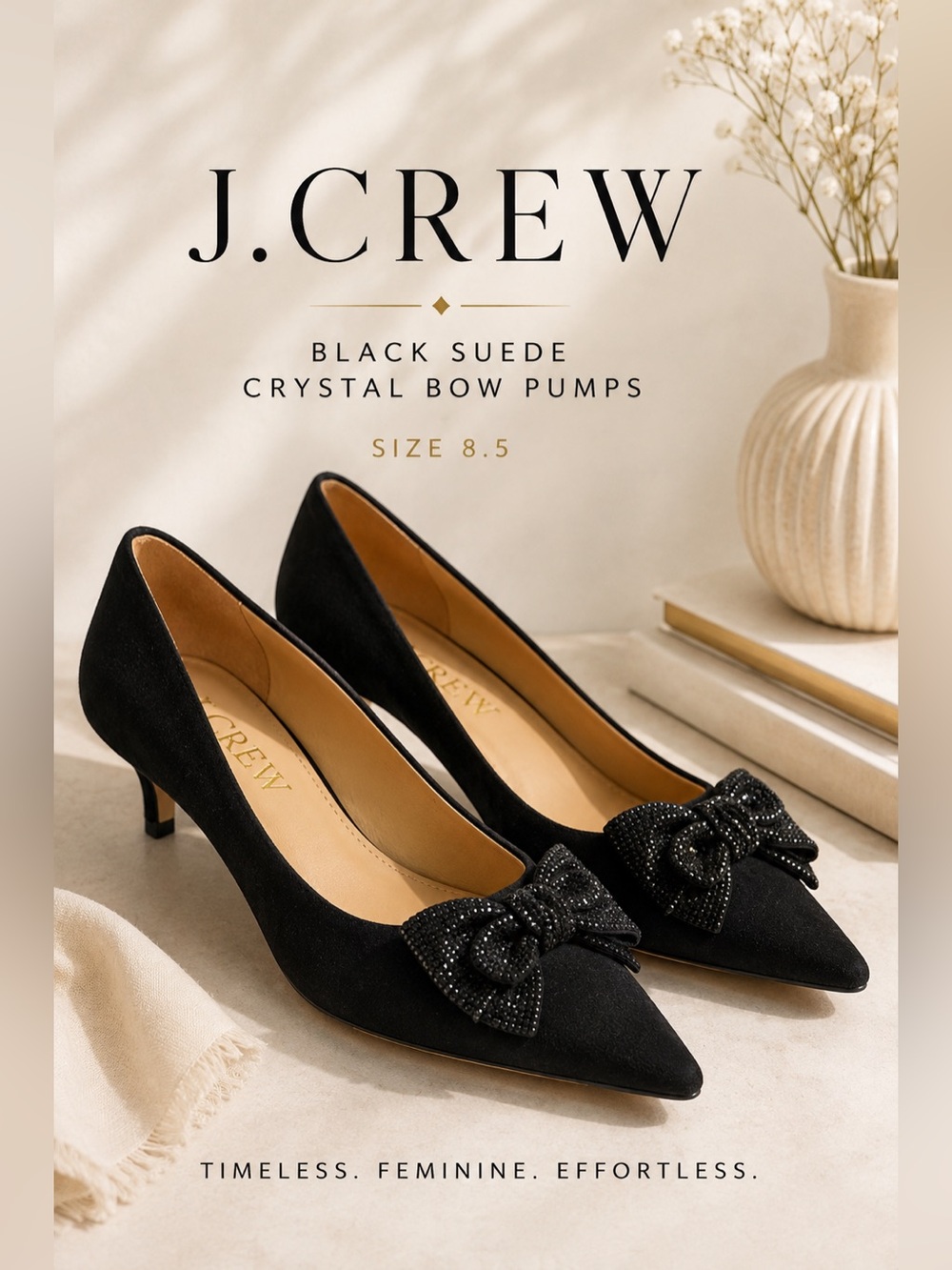 J.Crew Black Suede Crystal Bow Pointed Toe Kitten Heel Pumps Size 8.5